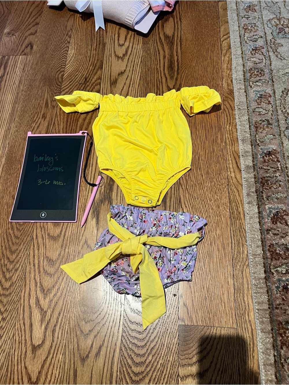 Baileys blossoms Yellow Off-Shoulder Baby Romper with Floral Bloomer Set 3-6 mo